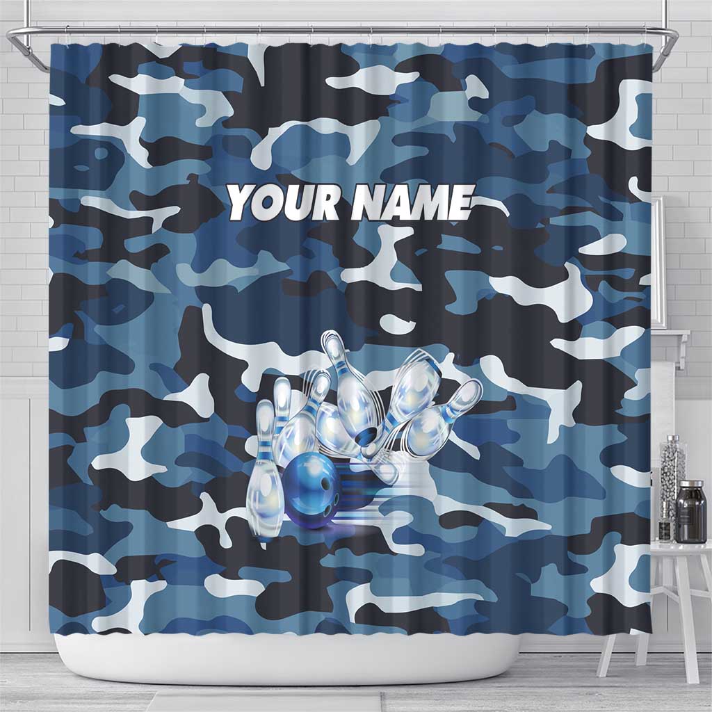 Blue Camouflage Pattern Shower Curtain with Bowling Pins and Ball Graphic Design - Wonder Print Shop