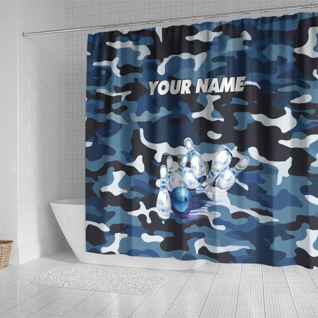 Blue Camouflage Pattern Shower Curtain with Bowling Pins and Ball Graphic Design - Wonder Print Shop