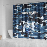 Blue Camouflage Pattern Shower Curtain with Bowling Pins and Ball Graphic Design - Wonder Print Shop