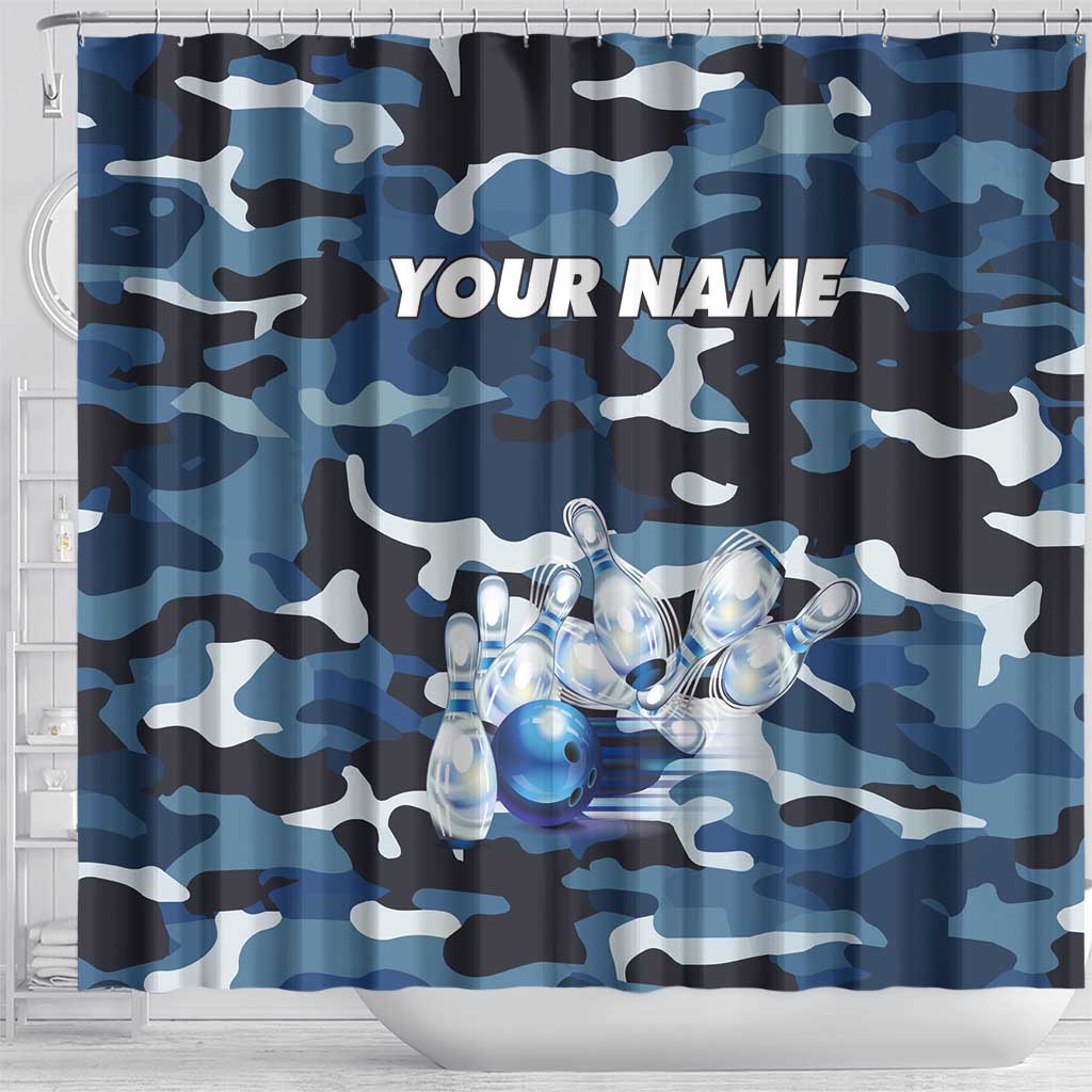 Blue Camouflage Pattern Shower Curtain with Bowling Pins and Ball Graphic Design - Wonder Print Shop