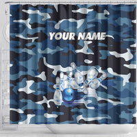 Blue Camouflage Pattern Shower Curtain with Bowling Pins and Ball Graphic Design - Wonder Print Shop