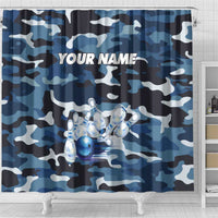 Blue Camouflage Pattern Shower Curtain with Bowling Pins and Ball Graphic Design - Wonder Print Shop