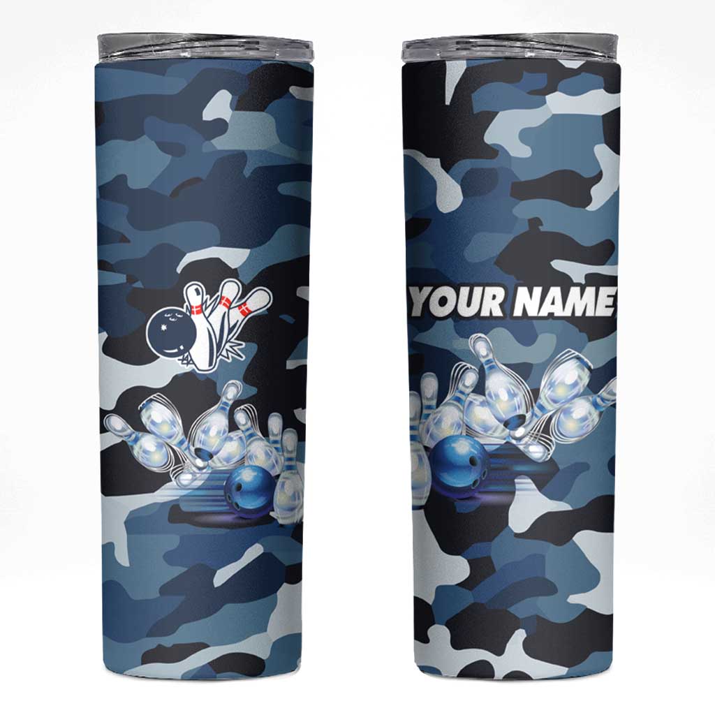 Blue Camouflage Pattern Skinny Tumbler with Bowling Pins and Ball Graphic Design - Wonder Print Shop
