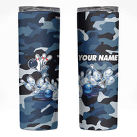 Blue Camouflage Pattern Skinny Tumbler with Bowling Pins and Ball Graphic Design - Wonder Print Shop