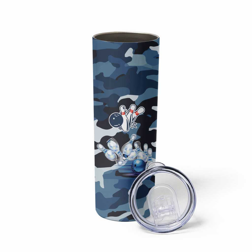 Blue Camouflage Pattern Skinny Tumbler with Bowling Pins and Ball Graphic Design - Wonder Print Shop