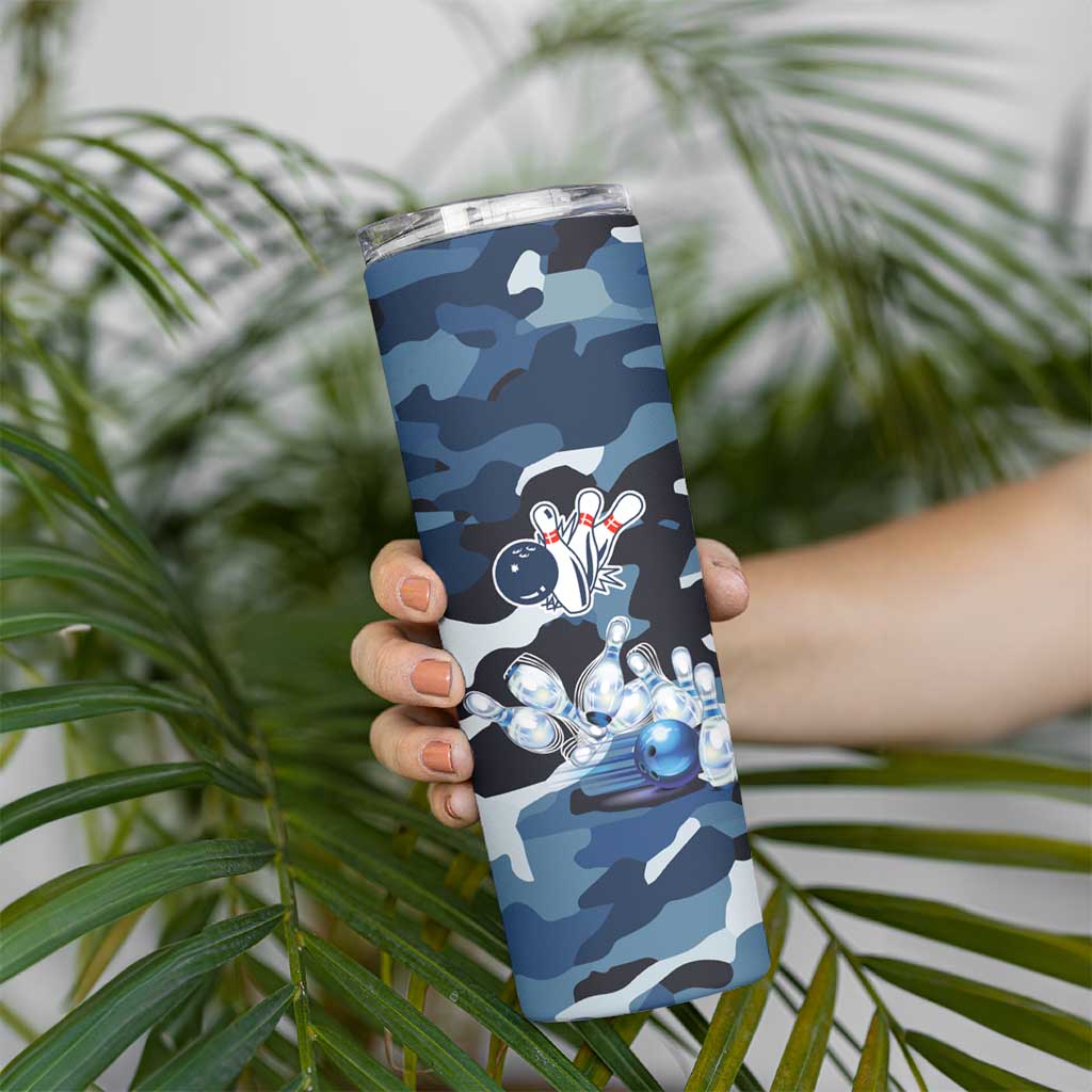 Blue Camouflage Pattern Skinny Tumbler with Bowling Pins and Ball Graphic Design - Wonder Print Shop