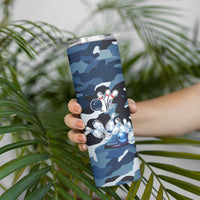 Blue Camouflage Pattern Skinny Tumbler with Bowling Pins and Ball Graphic Design - Wonder Print Shop