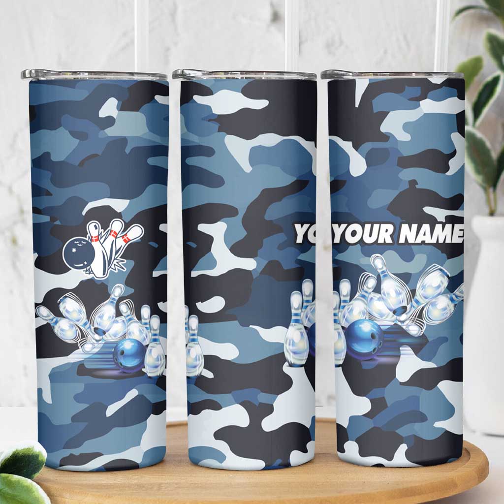 Blue Camouflage Pattern Skinny Tumbler with Bowling Pins and Ball Graphic Design - Wonder Print Shop