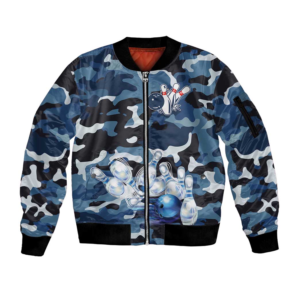 Blue Camouflage Pattern Sleeve Zip Bomber Jacket with Bowling Pins and Ball Graphic Design - Wonder Print Shop