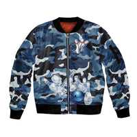Blue Camouflage Pattern Sleeve Zip Bomber Jacket with Bowling Pins and Ball Graphic Design - Wonder Print Shop