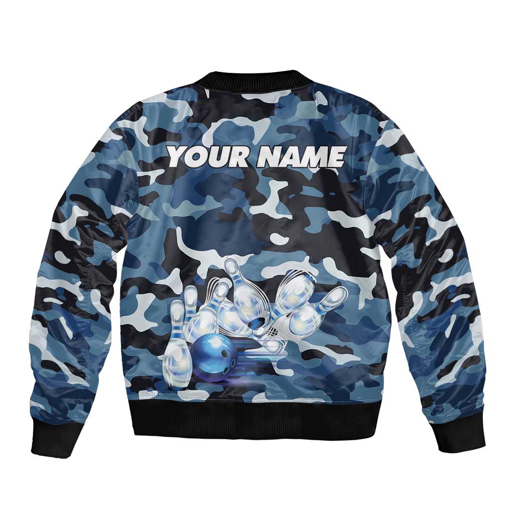 Blue Camouflage Pattern Sleeve Zip Bomber Jacket with Bowling Pins and Ball Graphic Design - Wonder Print Shop