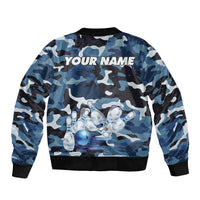 Blue Camouflage Pattern Sleeve Zip Bomber Jacket with Bowling Pins and Ball Graphic Design - Wonder Print Shop