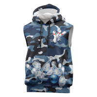 Blue Camouflage Pattern Sleeveless Hoodie with Bowling Pins and Ball Graphic Design - Wonder Print Shop