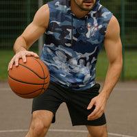 Blue Camouflage Pattern Sleeveless Hoodie with Bowling Pins and Ball Graphic Design - Wonder Print Shop
