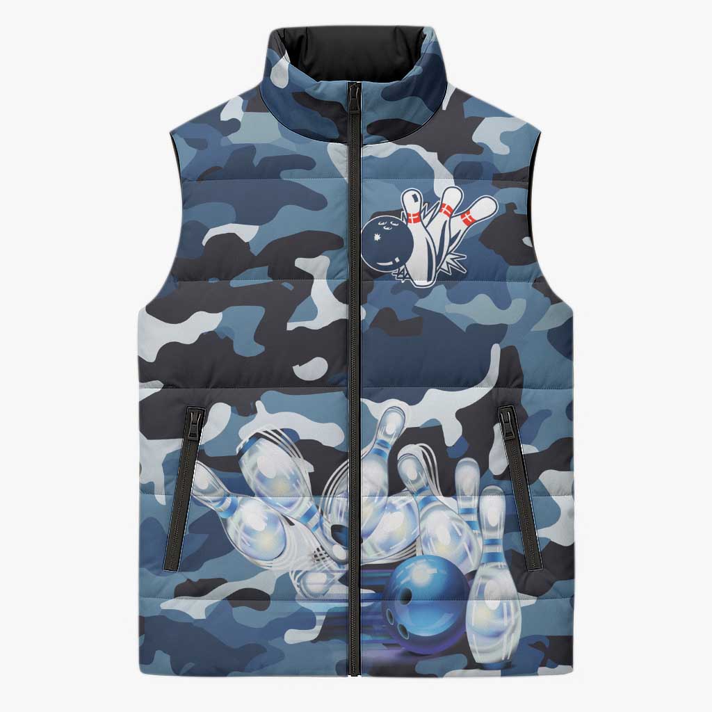 Blue Camouflage Pattern Sleeveless Puffer Jacket with Bowling Pins and Ball Graphic Design - Wonder Print Shop