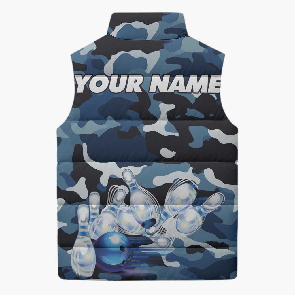 Blue Camouflage Pattern Sleeveless Puffer Jacket with Bowling Pins and Ball Graphic Design - Wonder Print Shop