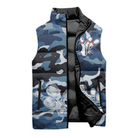 Blue Camouflage Pattern Sleeveless Puffer Jacket with Bowling Pins and Ball Graphic Design - Wonder Print Shop