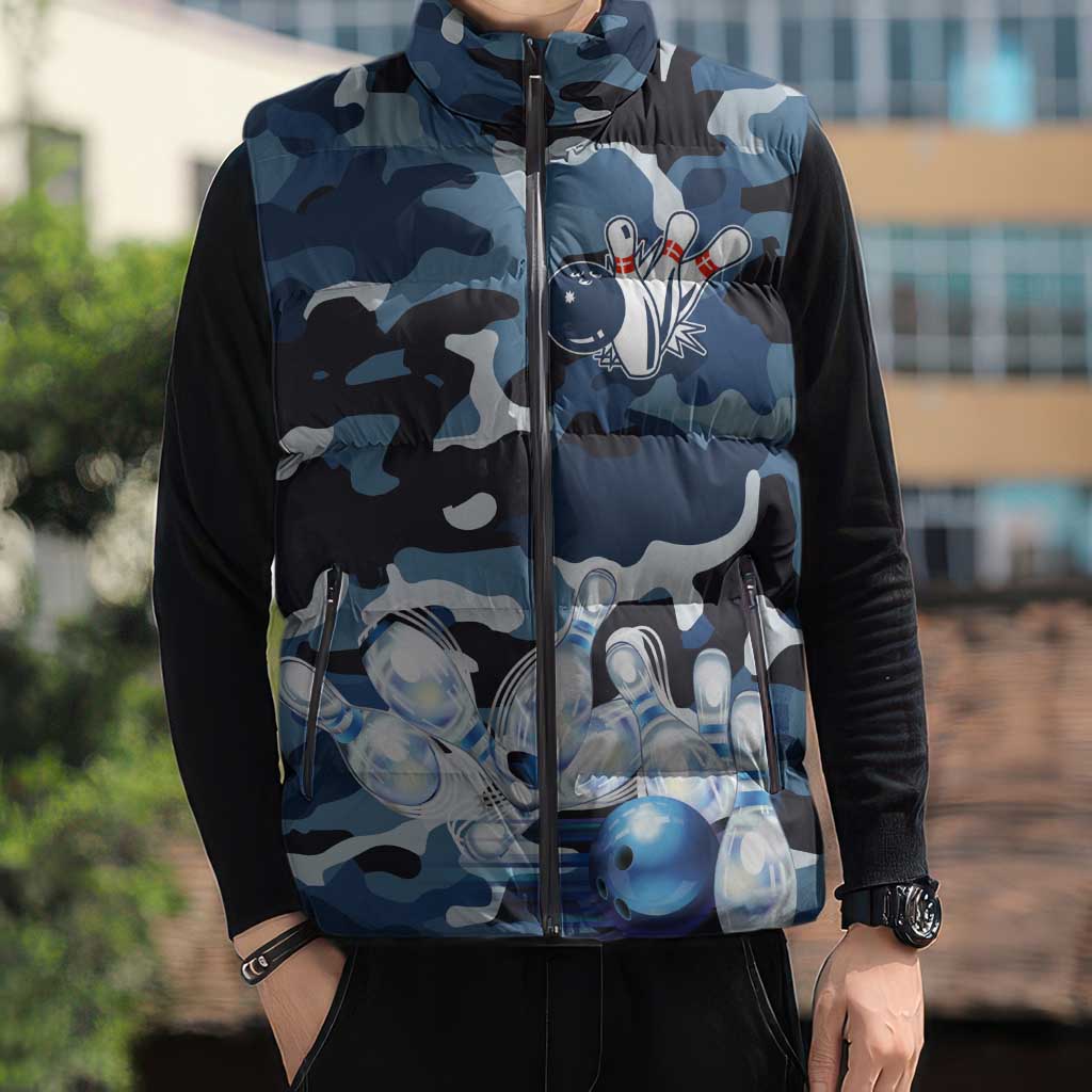 Blue Camouflage Pattern Sleeveless Puffer Jacket with Bowling Pins and Ball Graphic Design - Wonder Print Shop