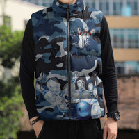 Blue Camouflage Pattern Sleeveless Puffer Jacket with Bowling Pins and Ball Graphic Design - Wonder Print Shop