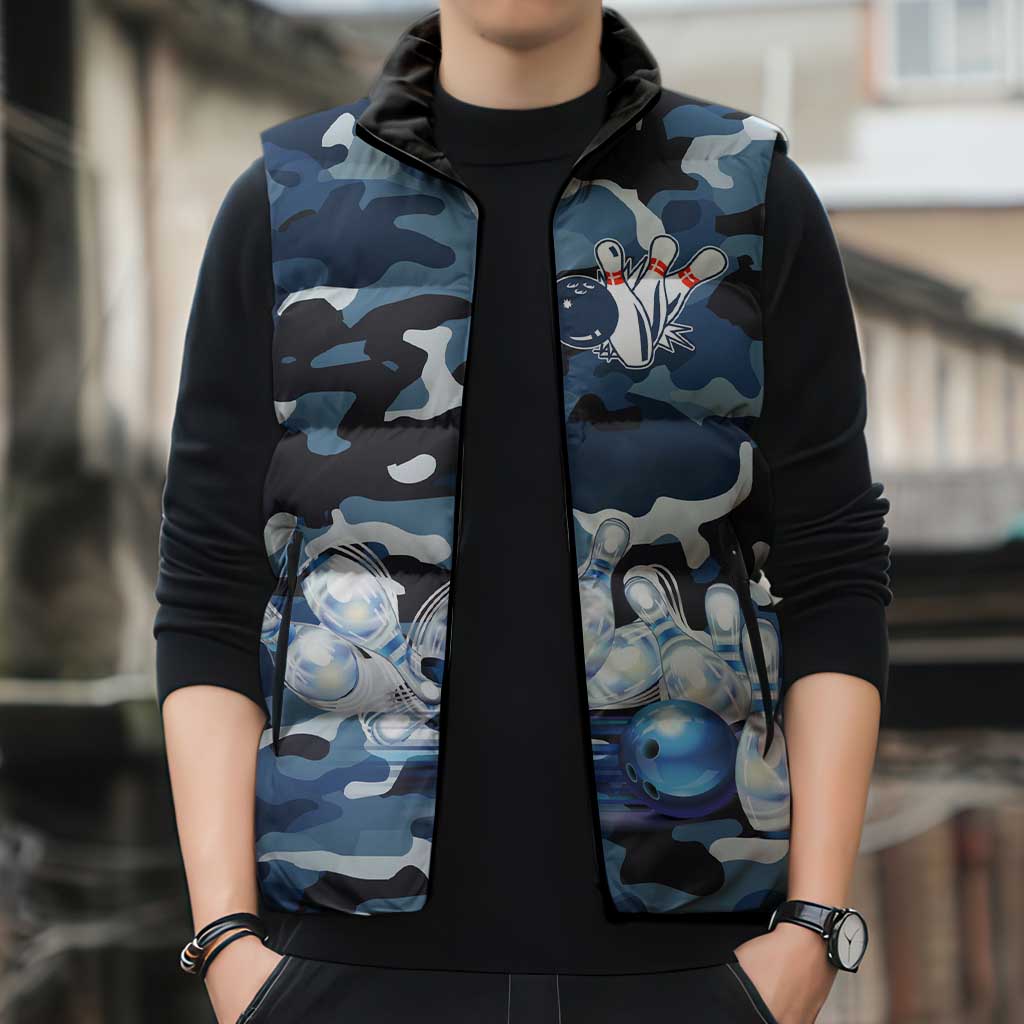 Blue Camouflage Pattern Sleeveless Puffer Jacket with Bowling Pins and Ball Graphic Design - Wonder Print Shop