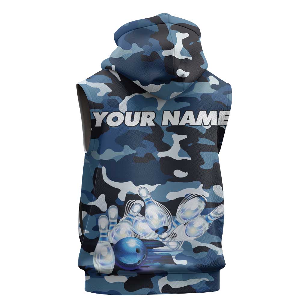 Blue Camouflage Pattern Sleeveless Zip Hoodie with Bowling Pins and Ball Graphic Design - Wonder Print Shop