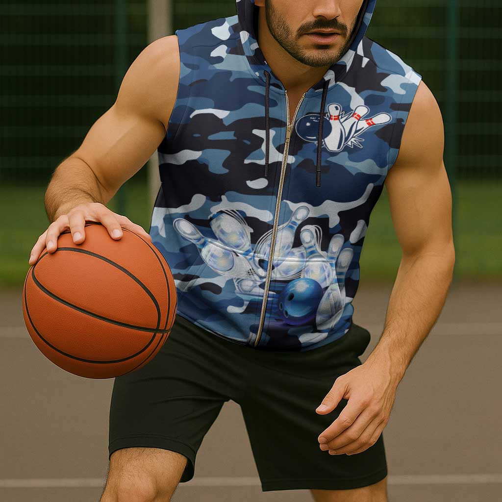 Blue Camouflage Pattern Sleeveless Zip Hoodie with Bowling Pins and Ball Graphic Design - Wonder Print Shop