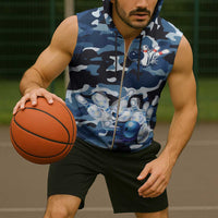 Blue Camouflage Pattern Sleeveless Zip Hoodie with Bowling Pins and Ball Graphic Design - Wonder Print Shop