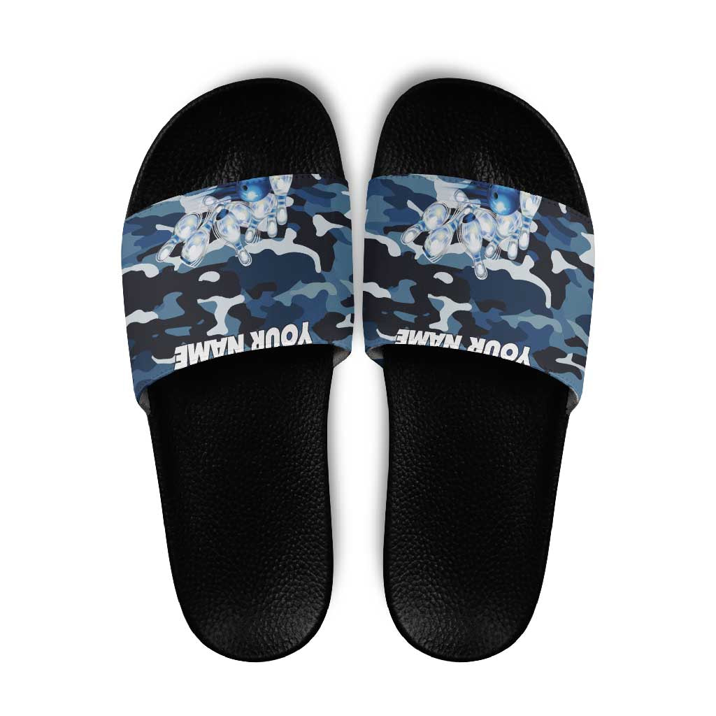 Blue Camouflage Pattern Slide Sandals with Bowling Pins and Ball Graphic Design - Wonder Print Shop