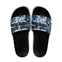 Blue Camouflage Pattern Slide Sandals with Bowling Pins and Ball Graphic Design - Wonder Print Shop