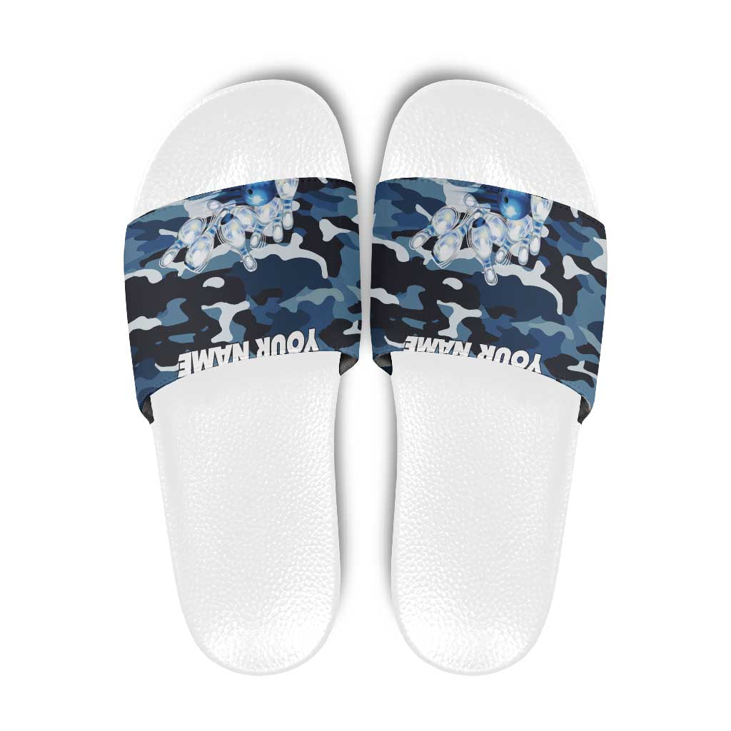 Blue Camouflage Pattern Slide Sandals with Bowling Pins and Ball Graphic Design - Wonder Print Shop