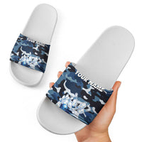 Blue Camouflage Pattern Slide Sandals with Bowling Pins and Ball Graphic Design - Wonder Print Shop