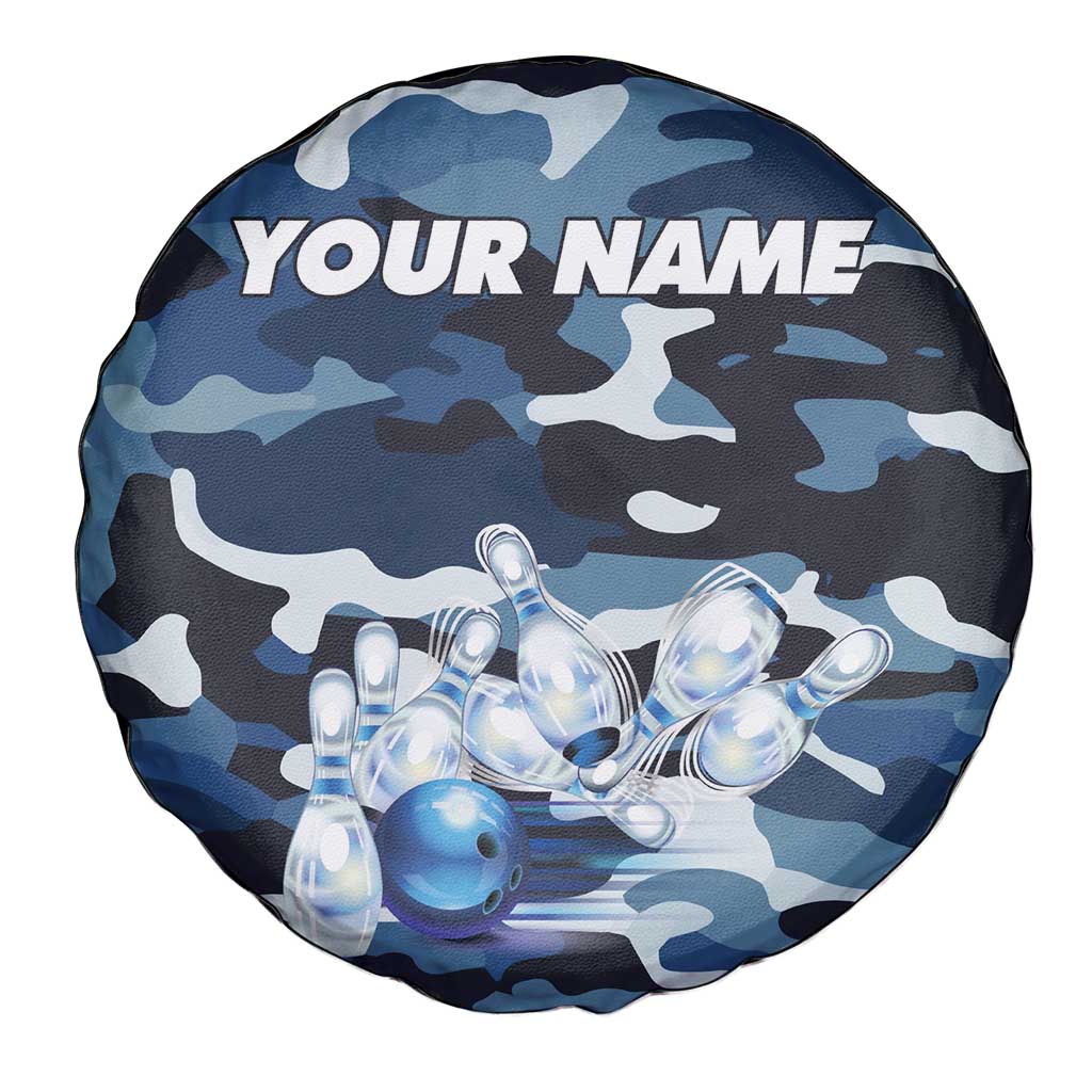 Blue Camouflage Pattern Spare Tire Cover with Bowling Pins and Ball Graphic Design - Wonder Print Shop