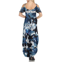 Blue Camouflage Pattern Summer Maxi Dress with Bowling Pins and Ball Graphic Design - Wonder Print Shop