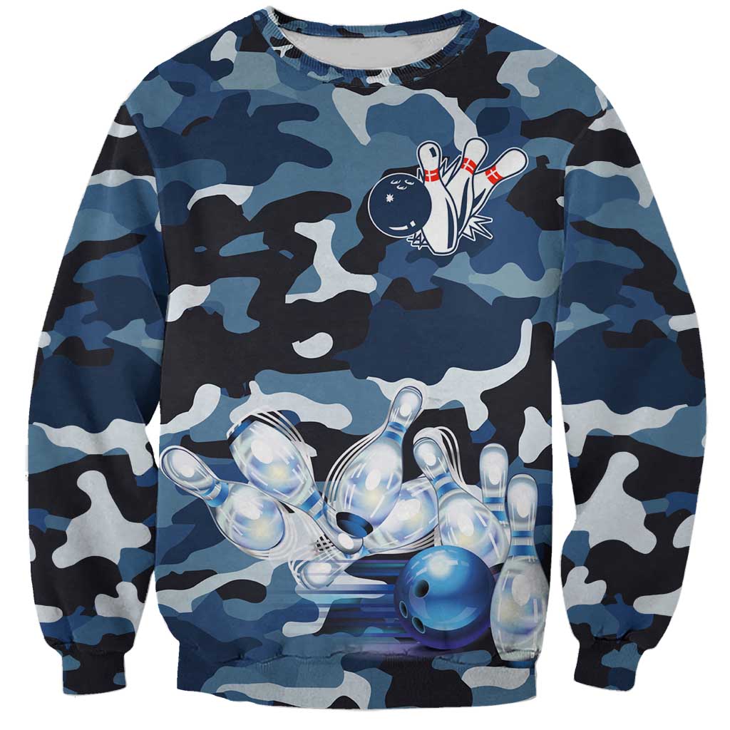 Blue Camouflage Pattern Sweatshirt with Bowling Pins and Ball Graphic Design - Wonder Print Shop