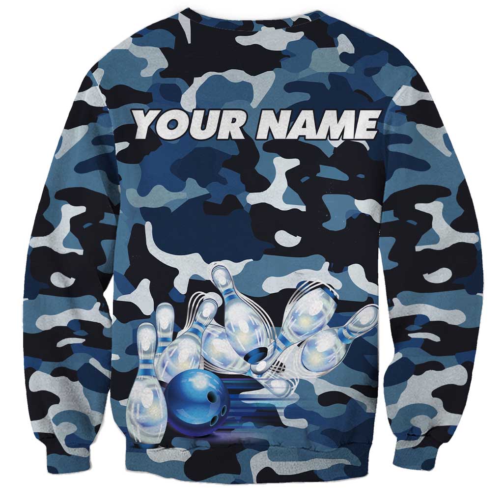 Blue Camouflage Pattern Sweatshirt with Bowling Pins and Ball Graphic Design - Wonder Print Shop