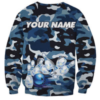 Blue Camouflage Pattern Sweatshirt with Bowling Pins and Ball Graphic Design - Wonder Print Shop