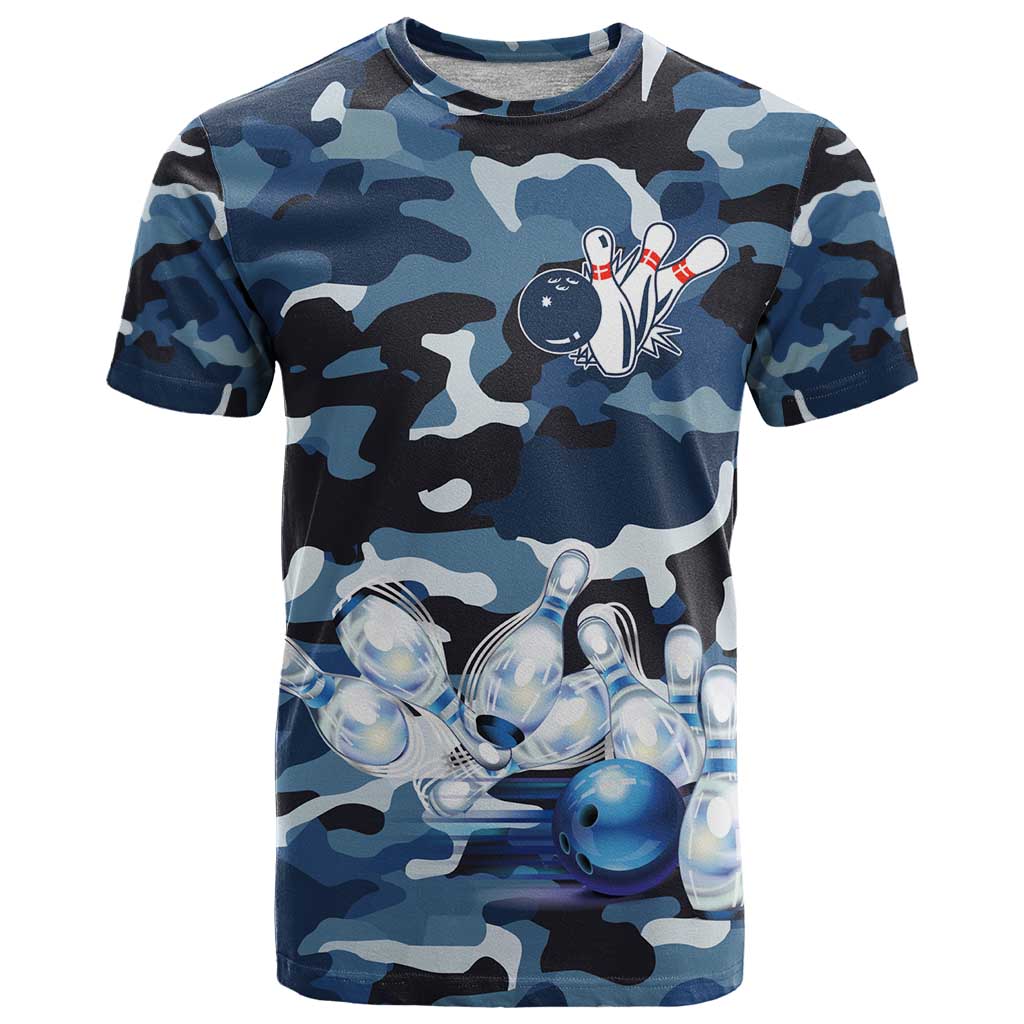 Blue Camouflage Pattern T Shirt with Bowling Pins and Ball Graphic Design - Wonder Print Shop