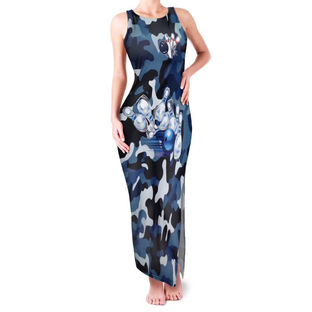 Blue Camouflage Pattern Tank Maxi Dress with Bowling Pins and Ball Graphic Design - Wonder Print Shop