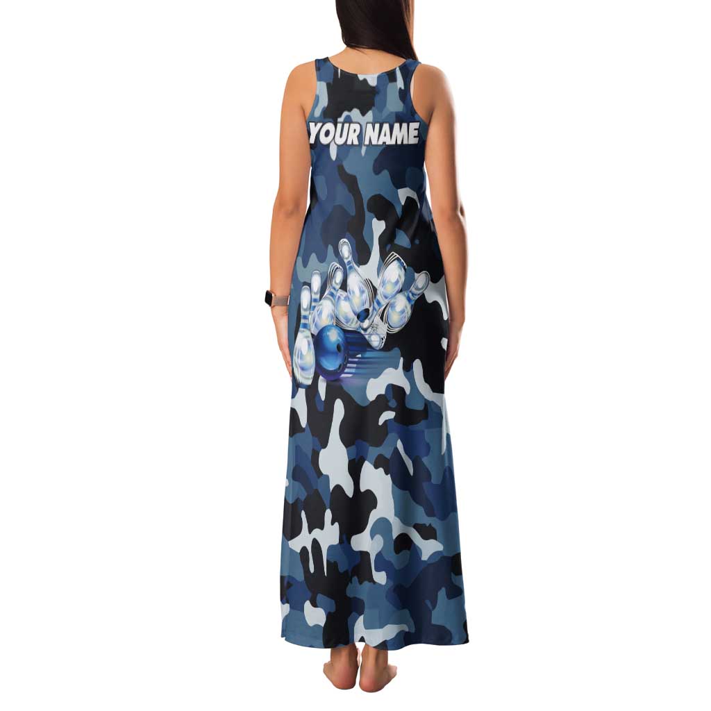 Blue Camouflage Pattern Tank Maxi Dress with Bowling Pins and Ball Graphic Design - Wonder Print Shop