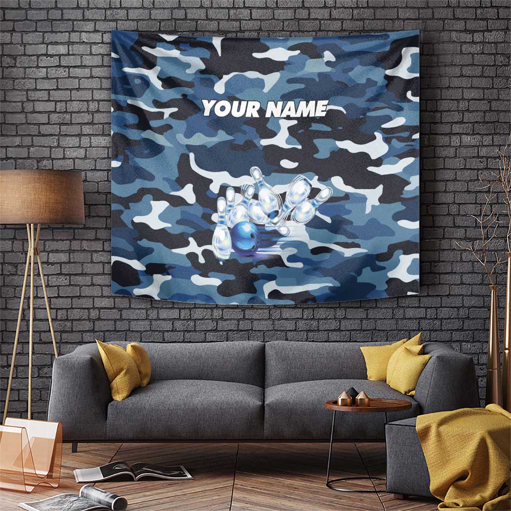 Blue Camouflage Pattern Tapestry with Bowling Pins and Ball Graphic Design - Wonder Print Shop