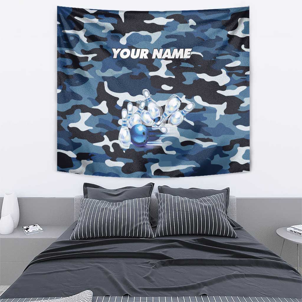 Blue Camouflage Pattern Tapestry with Bowling Pins and Ball Graphic Design - Wonder Print Shop