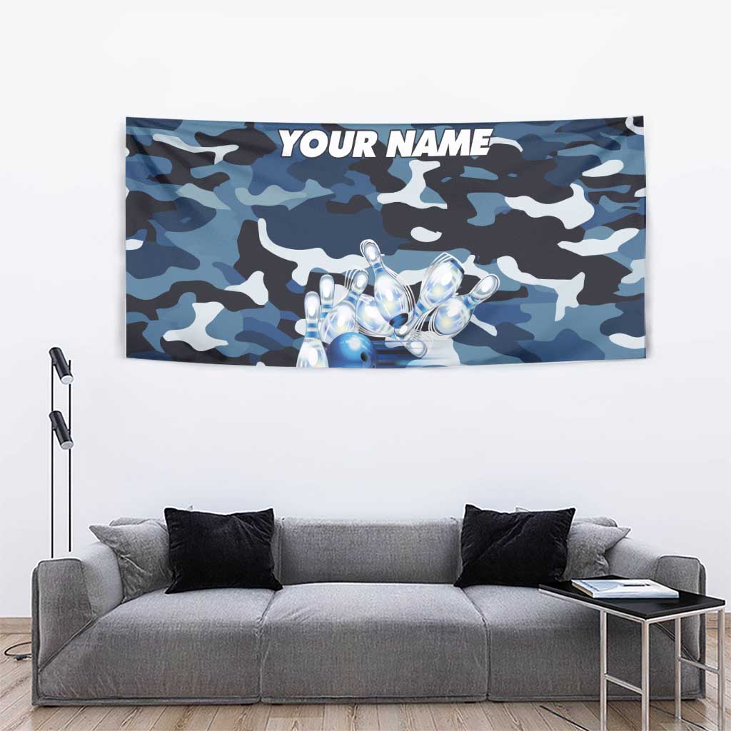 Blue Camouflage Pattern Tapestry with Bowling Pins and Ball Graphic Design - Wonder Print Shop
