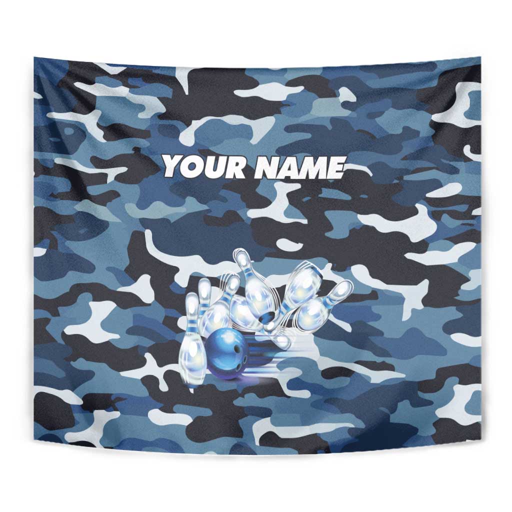 Blue Camouflage Pattern Tapestry with Bowling Pins and Ball Graphic Design - Wonder Print Shop