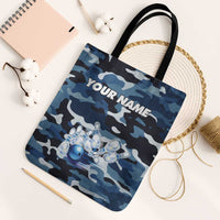 Blue Camouflage Pattern Tote Bag with Bowling Pins and Ball Graphic Design - Wonder Print Shop