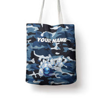 Blue Camouflage Pattern Tote Bag with Bowling Pins and Ball Graphic Design - Wonder Print Shop