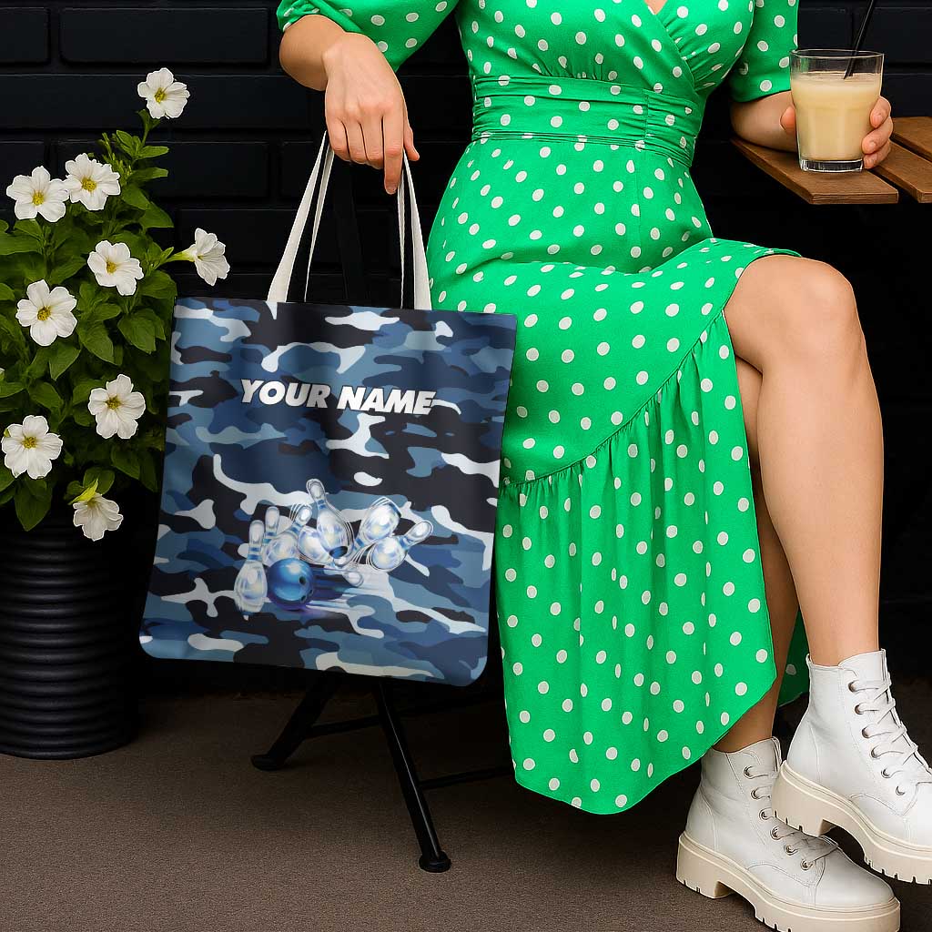 Blue Camouflage Pattern Tote Bag with Bowling Pins and Ball Graphic Design - Wonder Print Shop