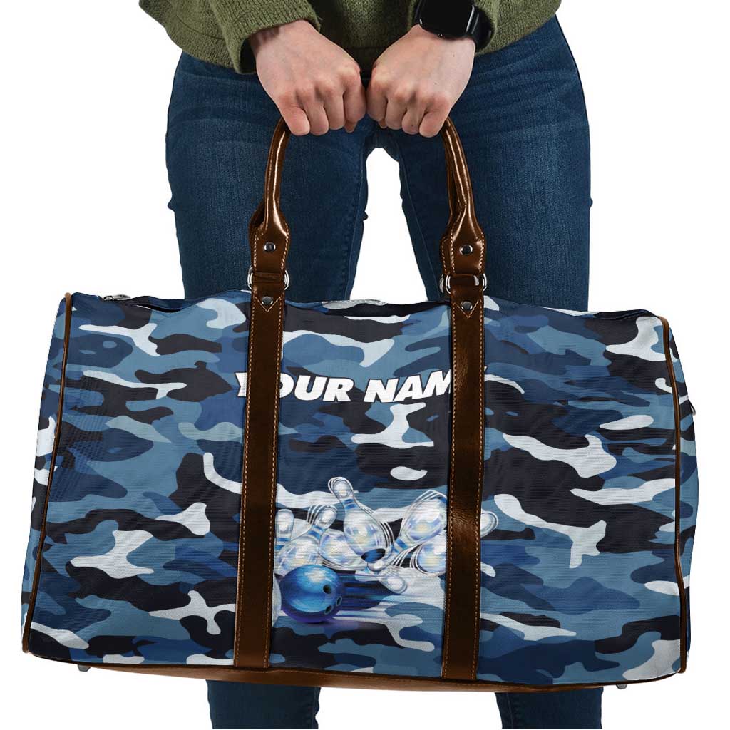 Blue Camouflage Pattern Travel Bag with Bowling Pins and Ball Graphic Design - Wonder Print Shop