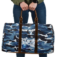 Blue Camouflage Pattern Travel Bag with Bowling Pins and Ball Graphic Design - Wonder Print Shop