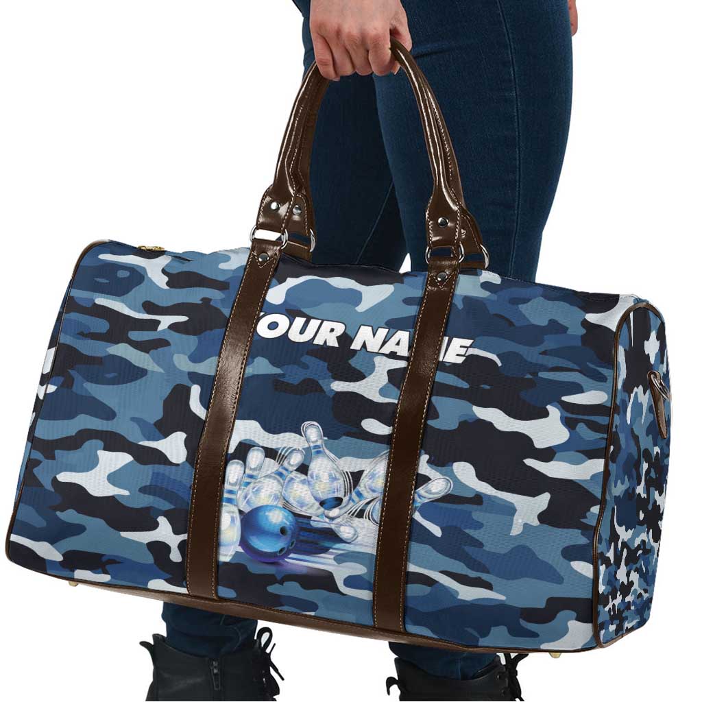 Blue Camouflage Pattern Travel Bag with Bowling Pins and Ball Graphic Design - Wonder Print Shop