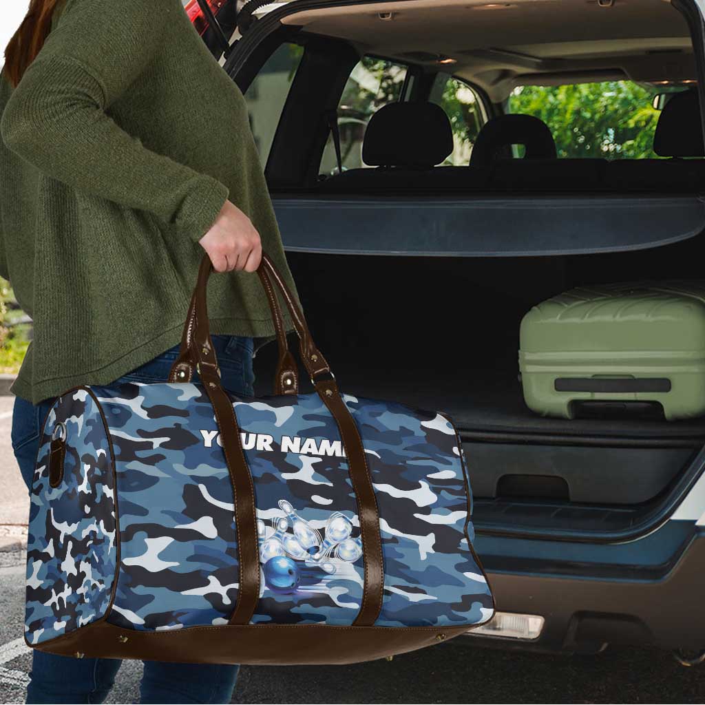 Blue Camouflage Pattern Travel Bag with Bowling Pins and Ball Graphic Design - Wonder Print Shop